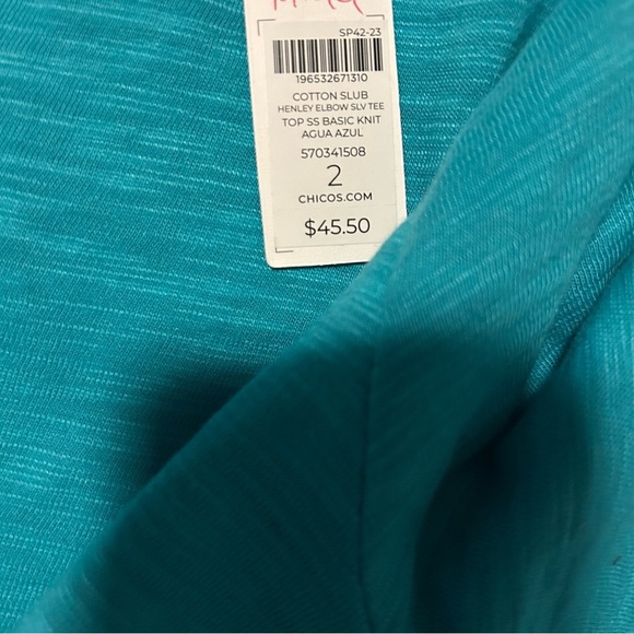 NWT Chico’s Aqua Azul Cotton Slub Henley Elbow Basic Knit Short Sleeve Top Sz L - Picture 5 of 10